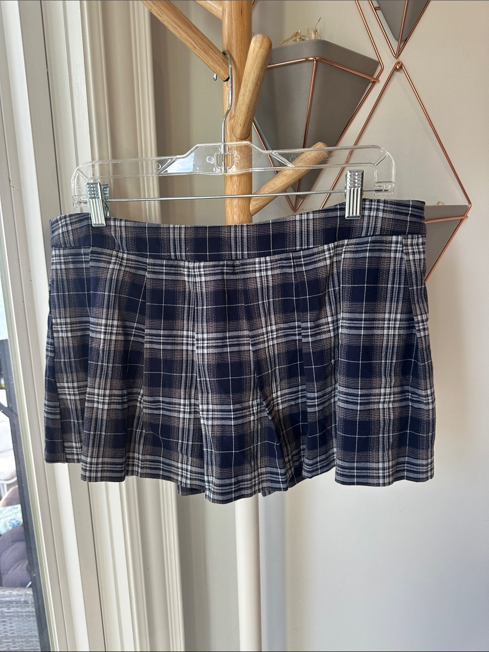 GARAGE Plaid Mini Pleated Skirt Skort Shorts Navy Blue Gray White Micro Sz Large